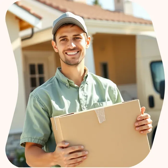 Two removalists moving boxes up stairs