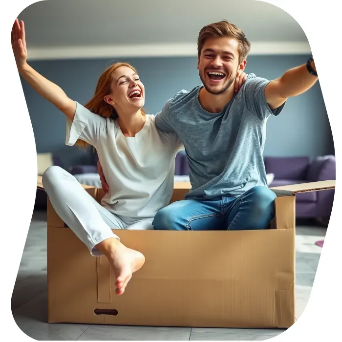 Two guys sitting on the floor of their apartment with Muval moving boxes